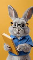 ai généré photo de mignonne duveteux lapin dans une bleu chemise détient une livre dans le sien pattes et regards directement à le caméra par blanc des lunettes sur un isolé Jaune bannière Contexte. ai généré