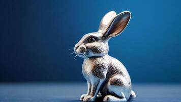 ai généré photo de une brillant argent lapin lapin figurine séance sur une bleu surface avec ses tête tourné une façon de le caméra. ai généré