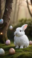 ai généré photo de enchanté Pâques des bois capricieux blanc lapin au milieu de une magique rempli d'œufs est. ai généré