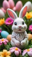 ai généré photo de Pâques lapins figurines dans une lit de fleurs et des œufs. ai généré