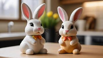 ai généré photo de Pâques lapin figurines sur le cuisine tableau. ai généré