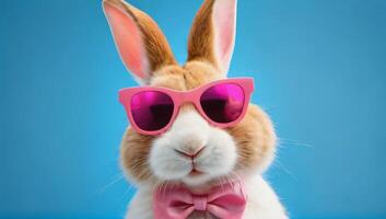 ai généré photo de marrant Pâques concept vacances animal fête salutation carte cool Pâques lapin lapin avec rose des lunettes de soleil et arc attacher isolé sur bleu Contexte. ai généré