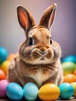 ai généré photo de content Pâques lapin avec beaucoup coloré Pâques des œufs. ai généré