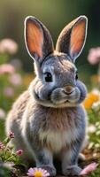 ai généré photo de mignonne lapin avec fleurs illustration. ai généré