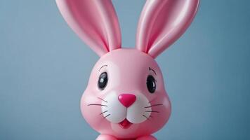 ai généré photo de adorable mignonne rose latex lapin lapin avec une en forme de cœur nez dans le forme de une ballon sur une doux bleu Contexte. ai généré