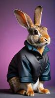 ai généré photo de élégant adulte lapin portant une mal veste sur une Couleur Contexte. ai généré