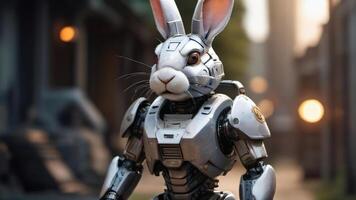 ai généré photo de une lapin avec robot armure militaire 3d des modèles. ai généré