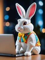 ai généré photo de programmeur Pâques lapin sur portable. ai généré