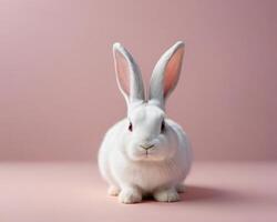 ai généré photo de blanc lapin oreilles sur pastel rose Contexte Pâques journée 3d le rendu. ai généré