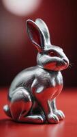 ai généré photo de une brillant argent lapin figurine séance sur Haut de une rouge surface suivant à une rouge objet dans le forme de une lapin. ai généré