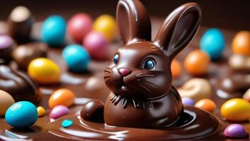 ai généré photo de ultradétaillé 3d Chocolat Pâques lapin nager dans une bassin de Chocolat et des sucreries. ai généré