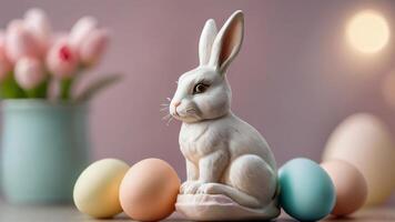 ai généré photo de serein réglage avec une pastel Pâques lapin figurine et des œufs sur une pastel Contexte. ai généré