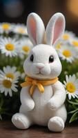 ai généré photo de une proche en haut de une bouquet de fleurs avec une lapin figurine séance dans le milieu de le bouquet de marguerites et marguerites dans le sol. ai généré