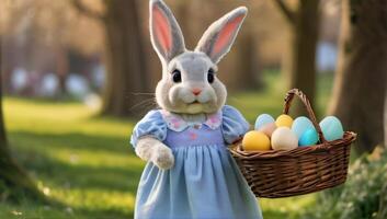 ai généré photo de Pâques lapin sur une robe porter panier de des œufs. ai généré