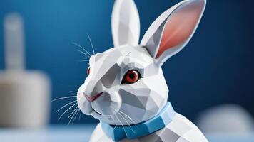 ai généré photo de polygonal 3d figurine de blanc lapin sur bleu Contexte buste de lièvre de plâtre. ai généré