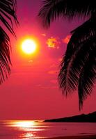 belle plage tropicale au coucher du soleil avec palmier et ciel rose pour les voyages et les vacances en vacances se détendre photo