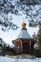 orthodoxe église chapelle des stands dans le hiver forêt. Russie Épiphanie gelées. une endroit pour prière. le vieux église est perdu dans le taïga. silencieux emplacement photo