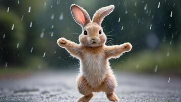 ai généré photo de dansant lapin dans aquarelle pluie capricieux gouttes de pluie espiègle éclaboussures numérique illustration. ai généré