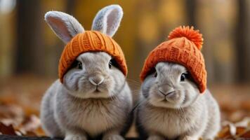 ai généré photo de deux peu marrant lapins habillé dans de laine tricoté Chapeaux dans l'automne. ai généré