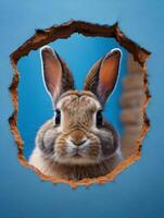 ai généré photo de lapin furtivement en dehors de une trou dans bleu mur duveteux oreille lapin Pâques lapin bannière lapin sauter en dehors déchiré trou. ai généré
