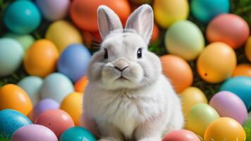 ai généré photo de très mignonne Pâques lapin entouré par vibrant Pâques des œufs illustration de une lapin comme le protagoniste de une fête plein de douceur et charme. ai généré