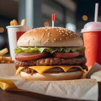 vite nourriture Burger, frites et boisson photo