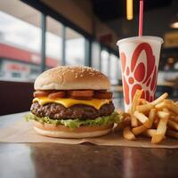 vite nourriture Burger, frites et boisson photo