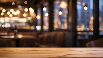 ai généré vide en bois table Haut avec bokeh lumières dans brouiller restaurant Contexte. photo