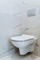 toilette est suspendu dans le moderne appartements. marbre latrine, blanc intérieur. séparé salle de repos avec Agréments photo