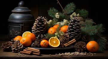 ai généré Noël décoration avec des oranges cônes cannelle et des noisettes sur foncé en bois Contexte photo