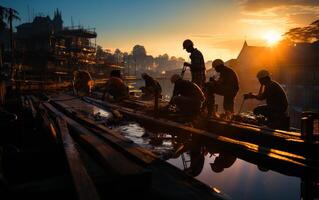 ai généré ouvriers sont travail dans le chantier naval à le coucher du soleil. photo