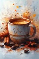 ai généré café tasse des haricots et épices sur aquarelle Contexte. café est une tasse de café et épices photo