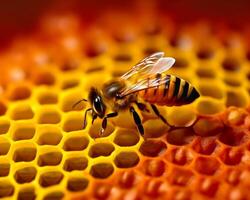 ai généré abeille est travail sur nid d'abeille photo