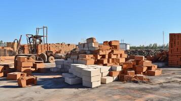 ai généré une construction site avec piles de briques et cendre blocs photo