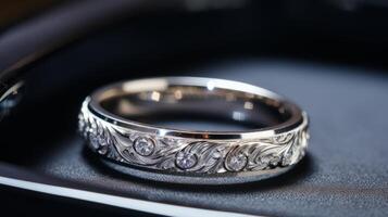 ai généré une fermer de une bijouterie précision gravure sur une mariage bague photo