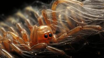 ai généré hyper Zoom coup de une araignées délicat soie fils photo