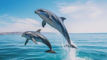 ai généré deux dauphins saut en dehors de le l'eau photo