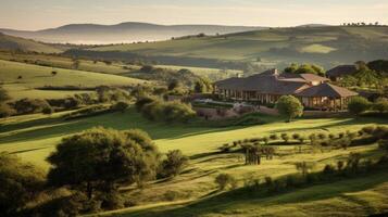 ai généré une serein campagne Pension entouré par roulant collines et luxuriant verdure photo