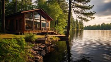 ai généré une silencieux bord du lac cabine entouré par la nature photo