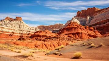 ai généré une désert paysage avec coloré, érodé Roche formations photo