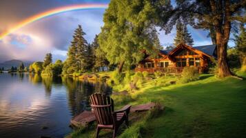 ai généré arc en ciel plus de une au bord de la rivière cabine photo