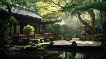 ai généré une serein Zen temple niché dans une silencieux forêt photo