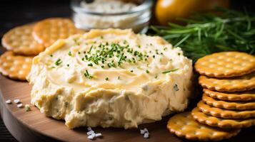 ai généré une fermer de une bavarois fromage propager avec craquelins photo