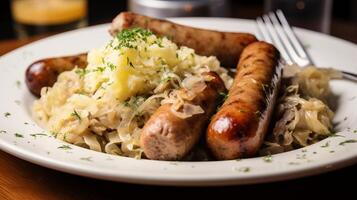 ai généré une fermer de une assiette de Choucroute et bratwurst photo