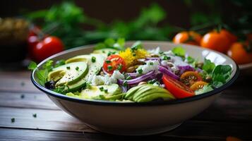 ai généré délicieux salade bol symphonie de les saveurs photo