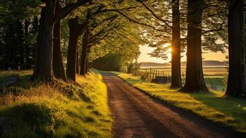 ai généré le d'or heure lueur sur une pays chemin photo