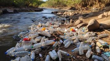 ai généré lit de rivière encombré avec Plastique bouteilles et Sacs photo