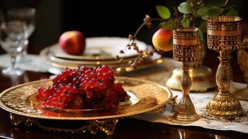 ai généré une fermer de une magnifiquement ensemble rosh hashanah table photo