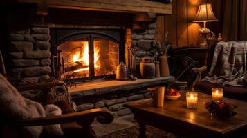 ai généré confortable cabine Pension avec une rugissement cheminée et chaud photo