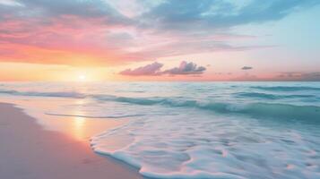 ai généré une plage à lever du soleil avec pastel coloré ciels photo
